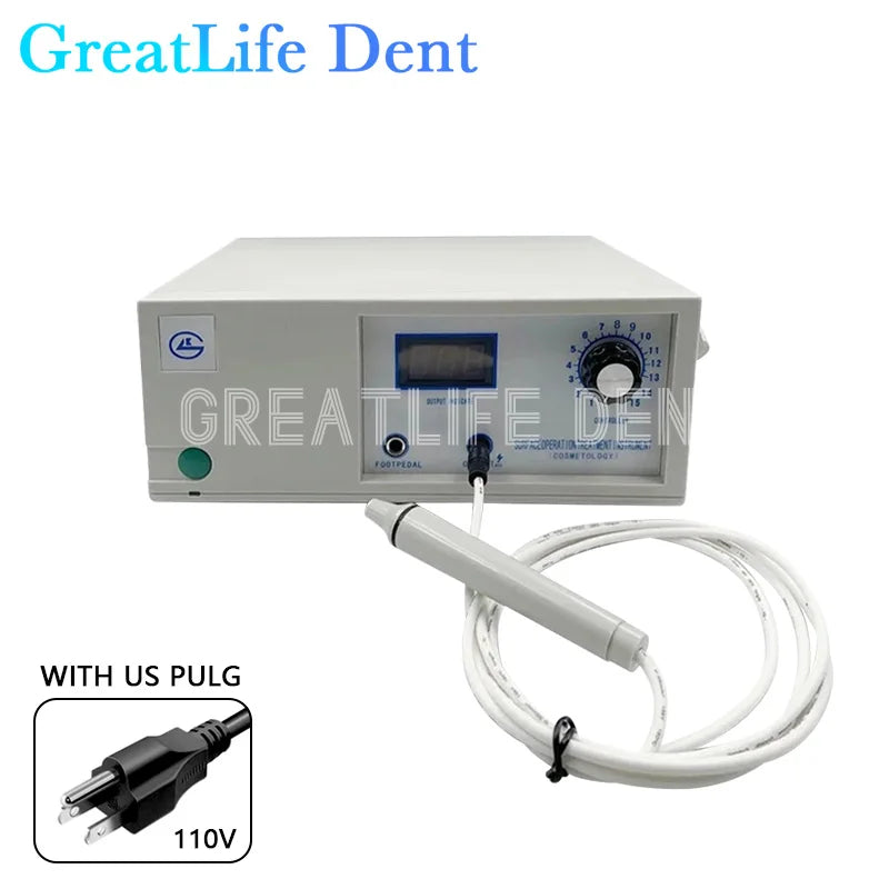 Grey electrocautery machine with a digital display, power dial, and handheld pen probe. Includes a US 110V power plug.