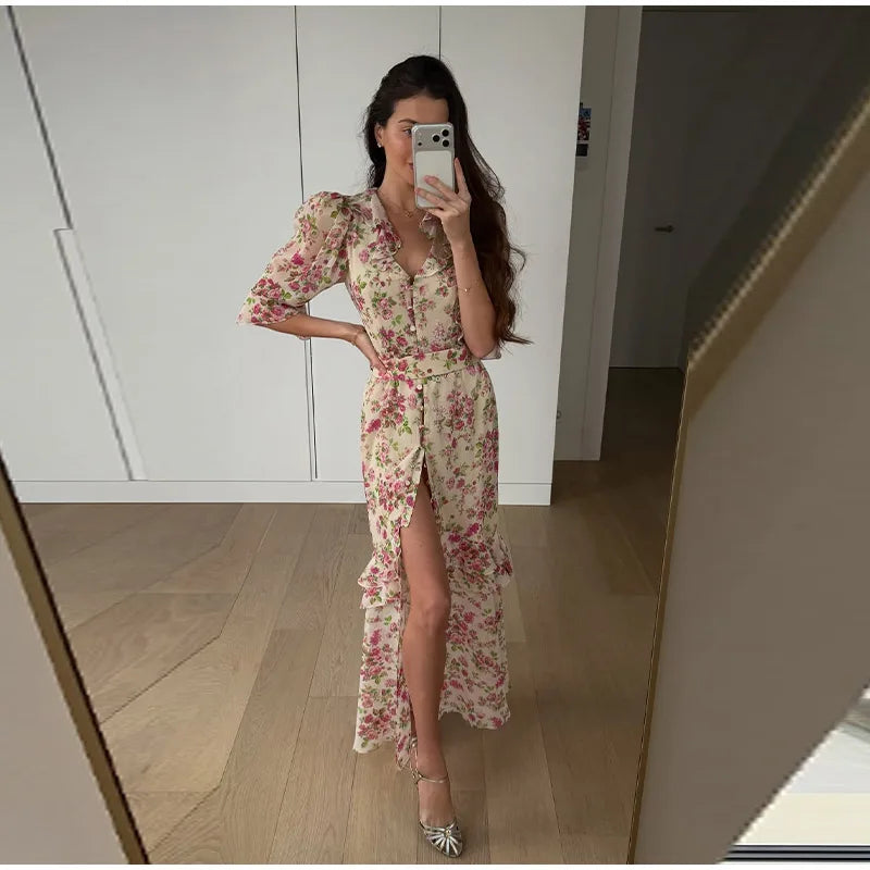 Printed Lace Patchwork Maxi Dress Women V-Neck Half Sleeve Single Breasted Lace Up Long Dresses 2026 Summer All-match Lady Robes