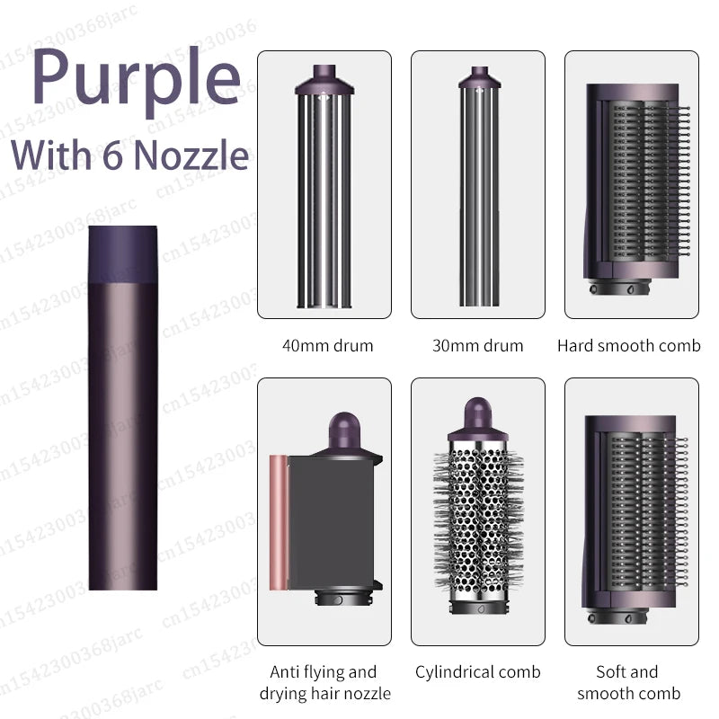 Purple SenCiciMen X9 hair styler set with 6 styling nozzles, including curling barrels and various smoothing combs.