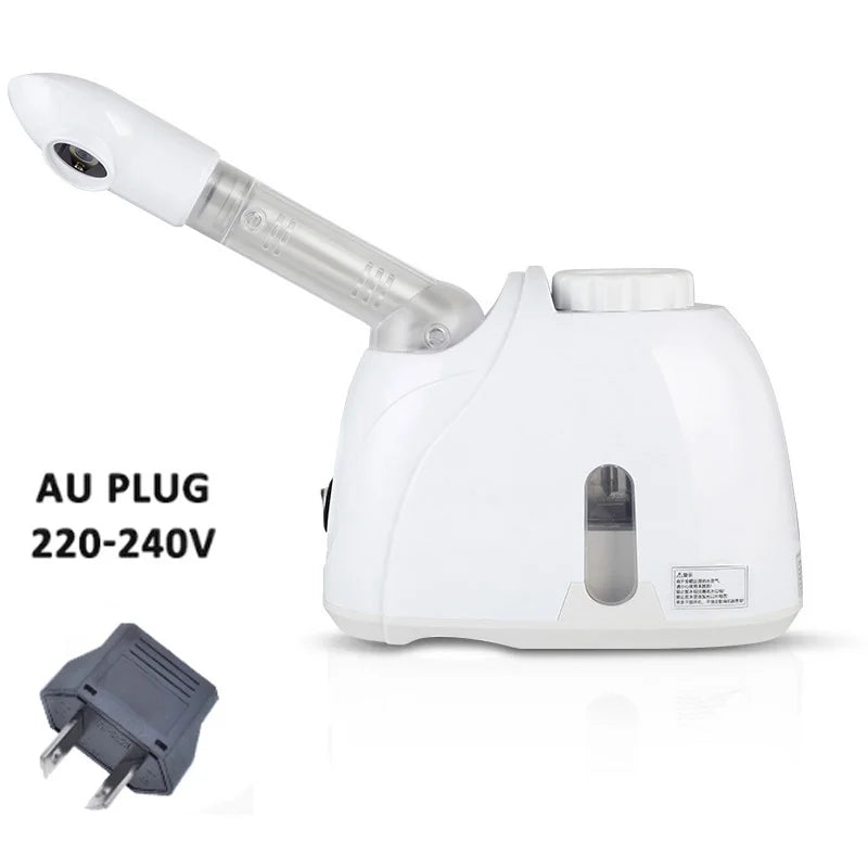 White facial steamer machine with adjustable spray nozzle, water tank, and AU plug for home spa skin care treatment.