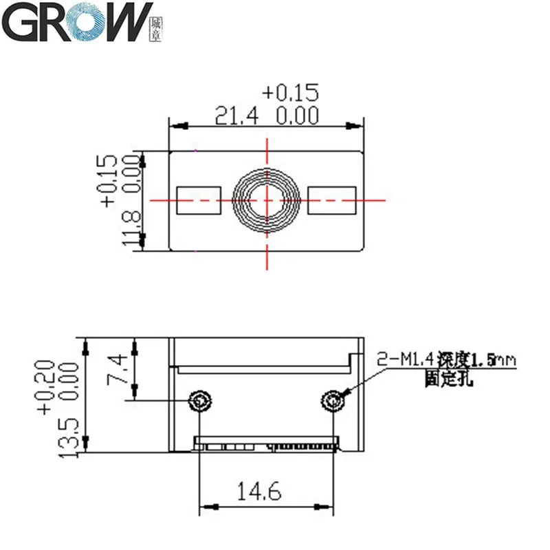 Barcode scanner module technical drawing with dimensions and mounting details