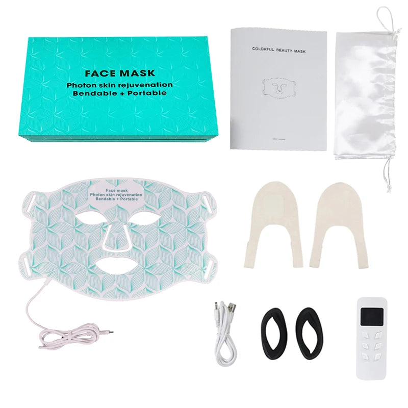 8-color LED light therapy face and neck mask kit with controller and cables for anti-aging skin rejuvenation treatment.