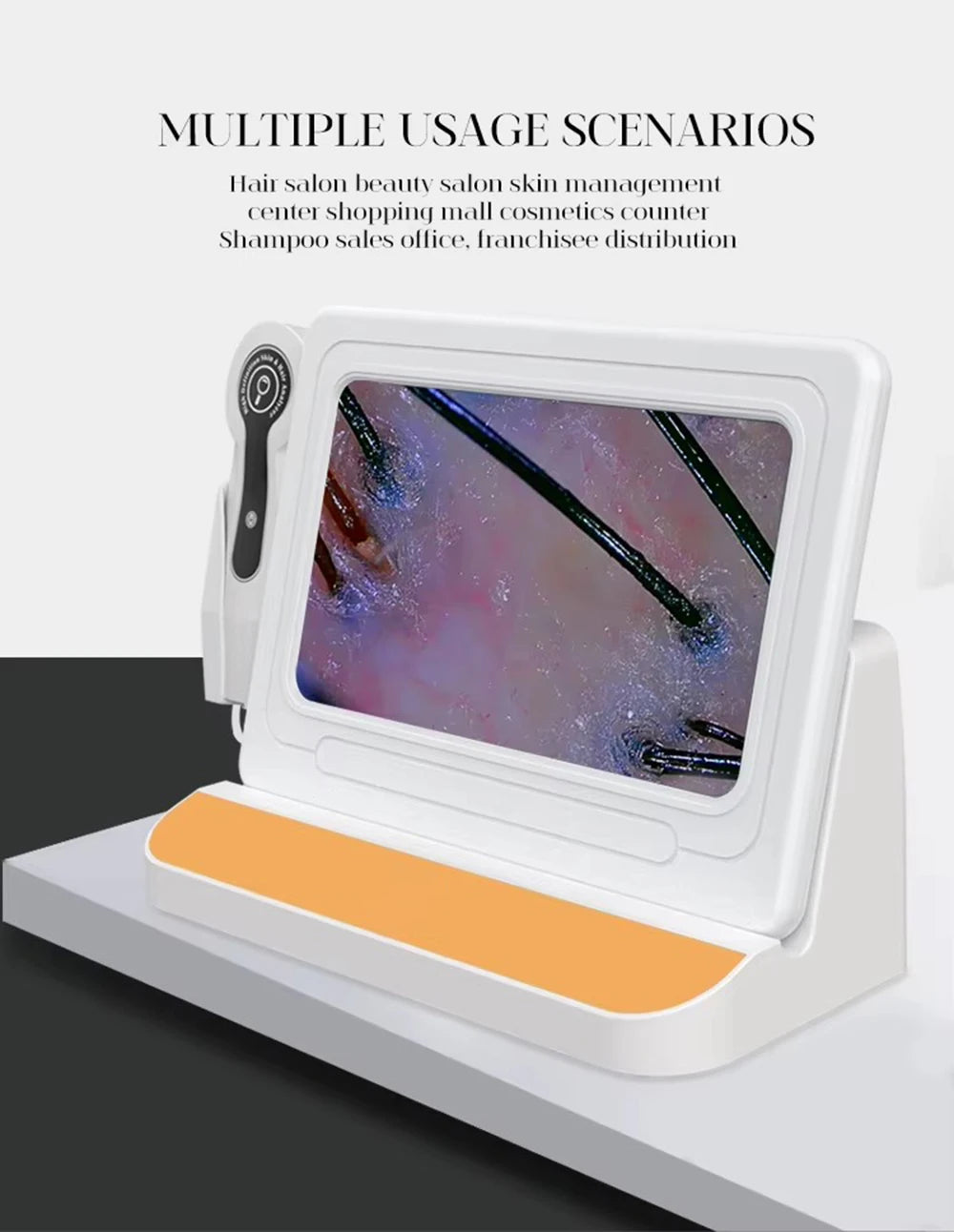 White 10-inch HD scalp and hair follicle analyzer microscope with diagnostic probe for professional salon skin care.