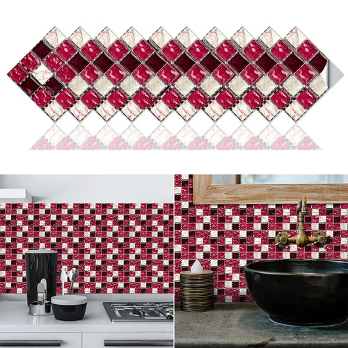 Glossy mosaic tile sticker strip with red and white square tiles, peel-and-stick