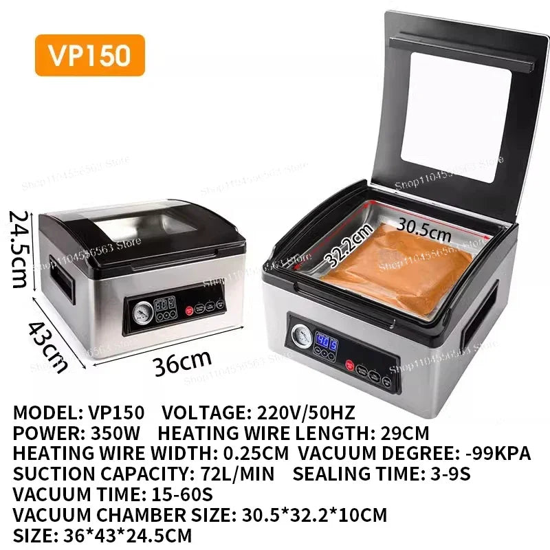 VP150 stainless chamber vacuum sealer with open lid and front control display