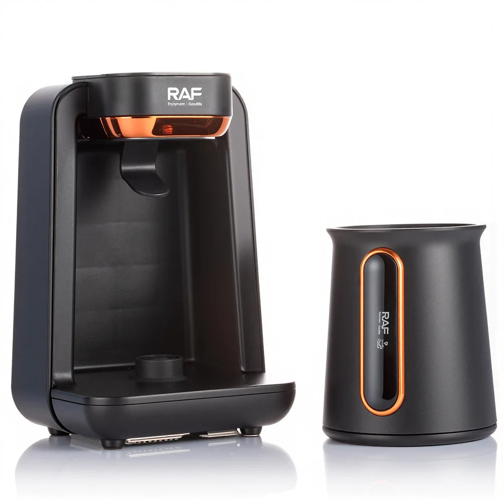 RAF black and copper electric Turkish coffee maker with a matching brewing pot on a white background.