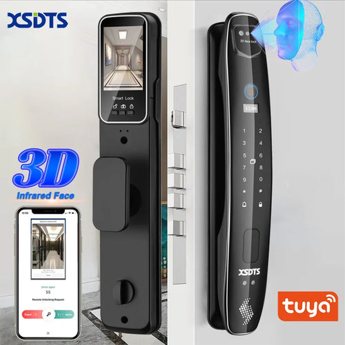 Black smart biometric door lock with touchscreen display, keypad, and fingerprint panel