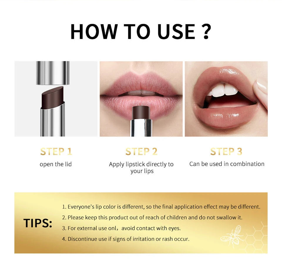 Step-by-step guide for brown honey moisturizing lipstick showing application for a glossy, tinted, non-stick lip finish.