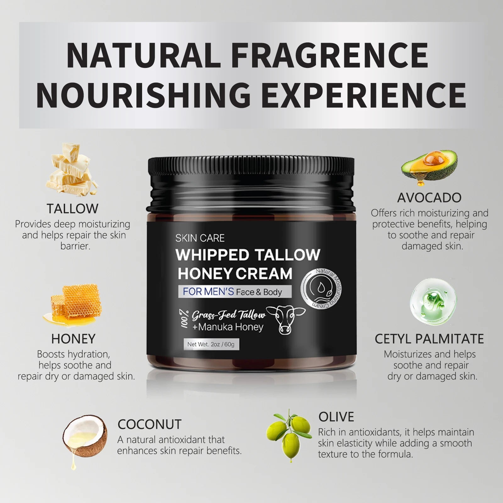 Men's Whipped Tallow Honey Cream 60g - Tallow & Manuka Honey, Non-Greasy Moisturizing Face & Body Balm for Dry Skin Care.