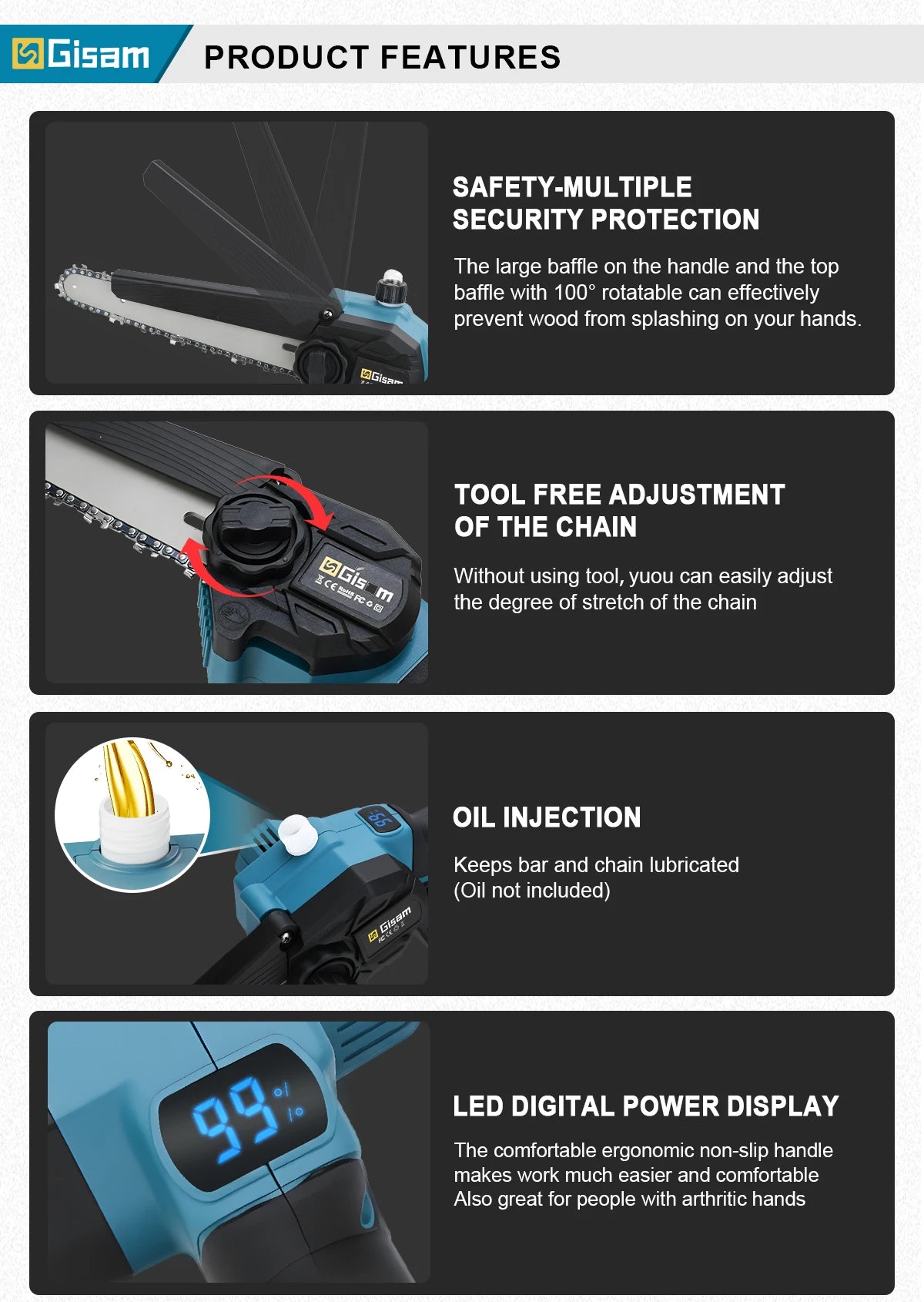 Gisam 8 Inch Brushless Electric Chainsaw Cordless Portable Electric Saw Woodworking Power Tool For makita 18v battery pins