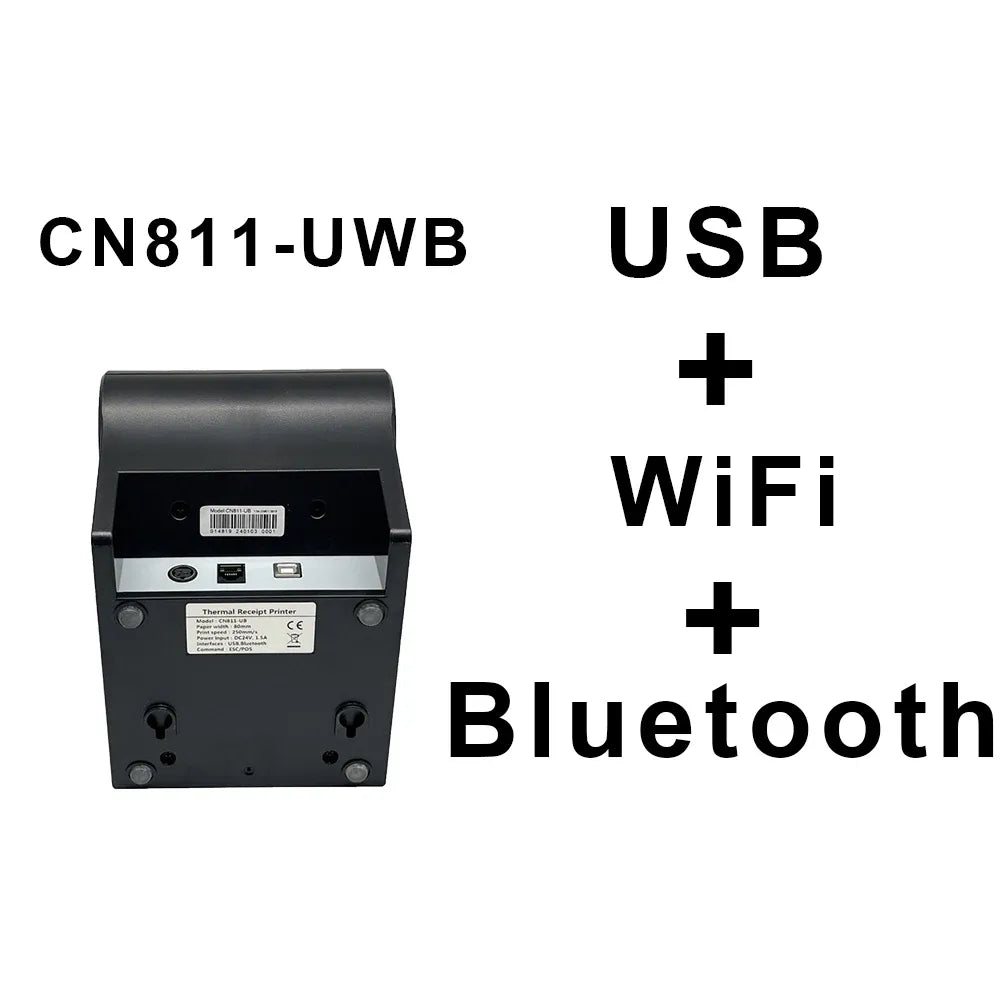 Thermal receipt printer with CN811-UWB label, USB, WiFi, and Bluetooth ports