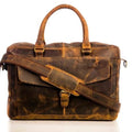 Brown distressed PU leather travel duffle bag, crossbody style with buckled front pocket, trunk design.