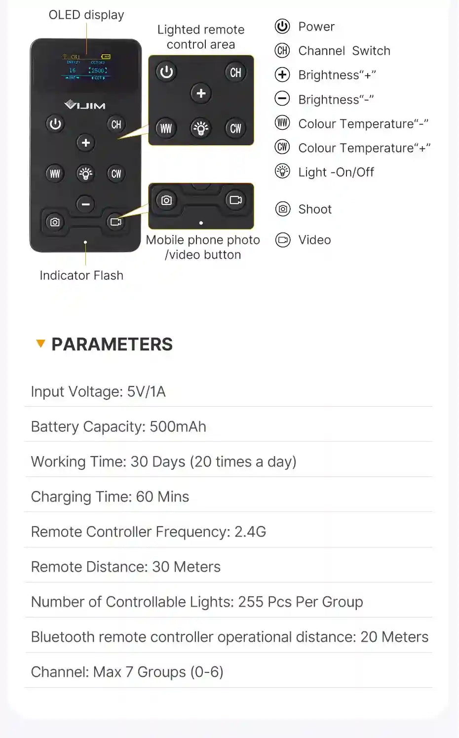 Black rectangular wireless remote for LED studio lights featuring an OLED screen, brightness controls, and camera