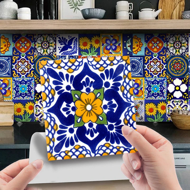 24pc Tile Stickers 4x4in Peel and Stick Backsplash Bathroom Waterproof Tile Stickers Colorful Mexican Tile Stick Home Decor