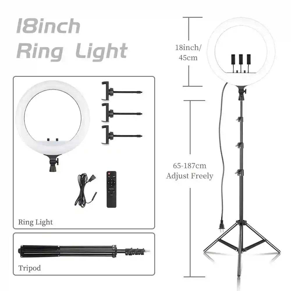 18 Inch LED Ring Light with Adjustable Tripod for Content Creation 200CM Tripod E Tidesmit