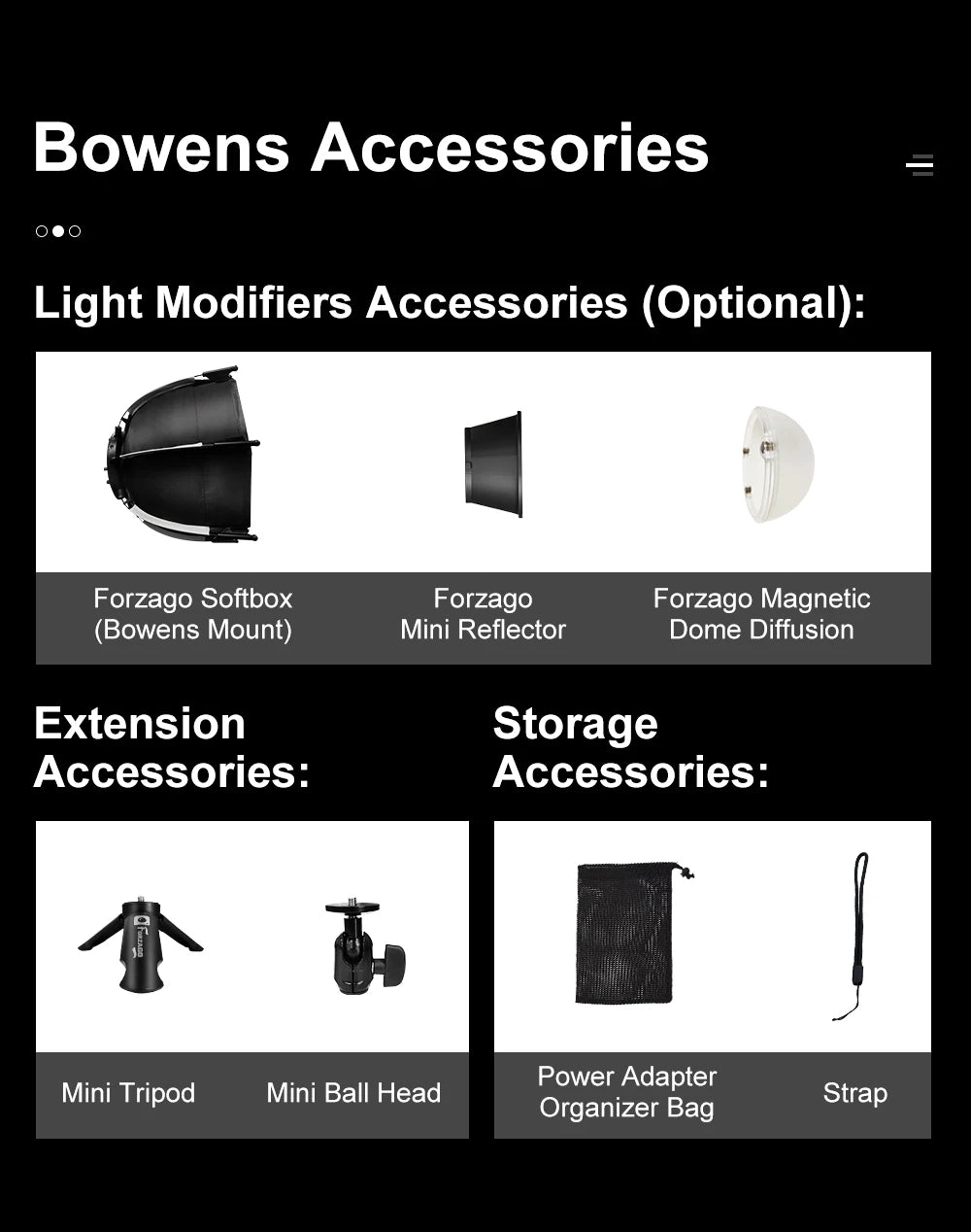 Bowens mount softbox, mini reflector, dome diffuser, tripod, ball head, storage bag, and strap for lighting gear.
