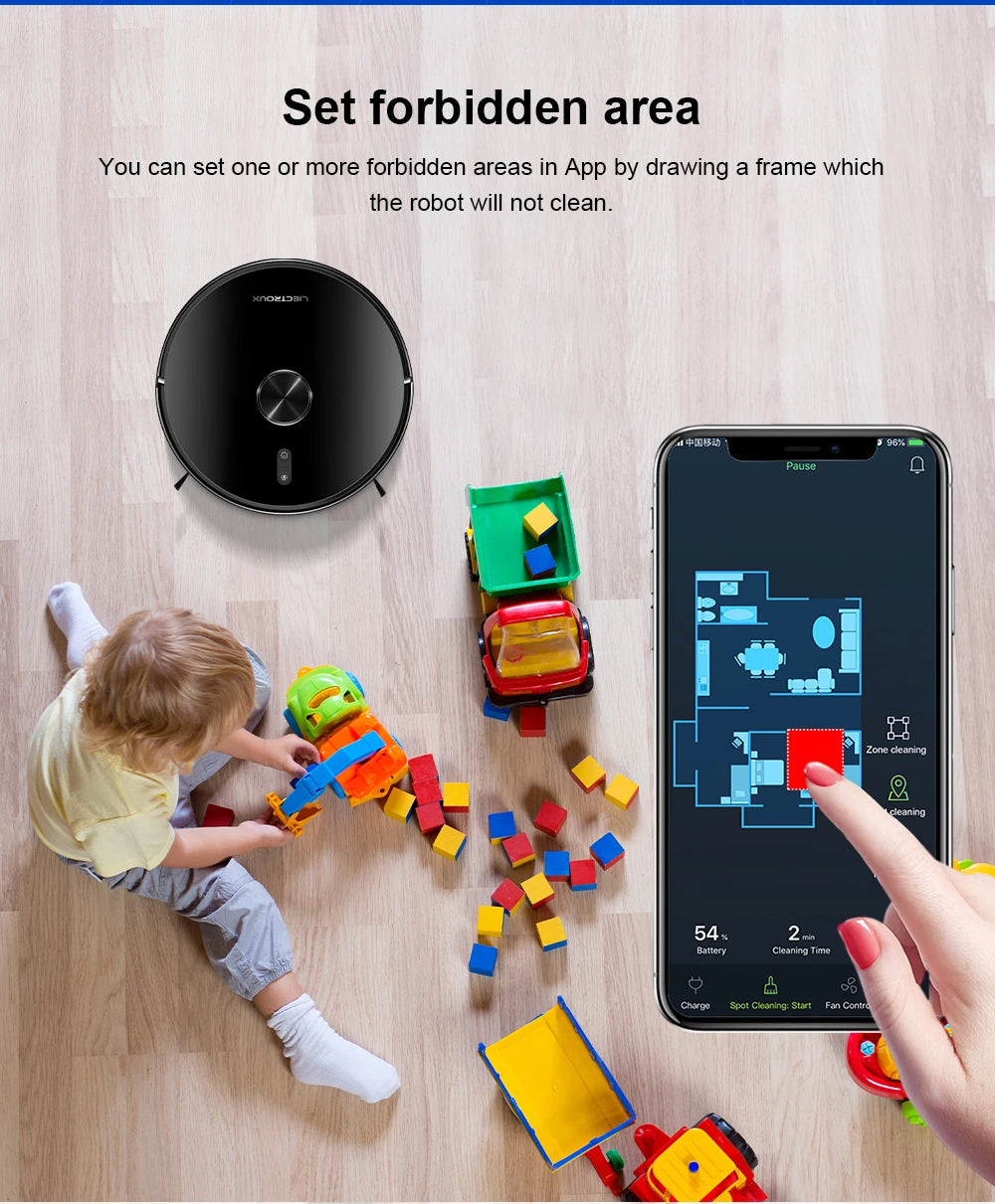 Tidesmit Liectroux LILIN X6 robot vacuum showing laser navigation system and floor mapping features for carpet