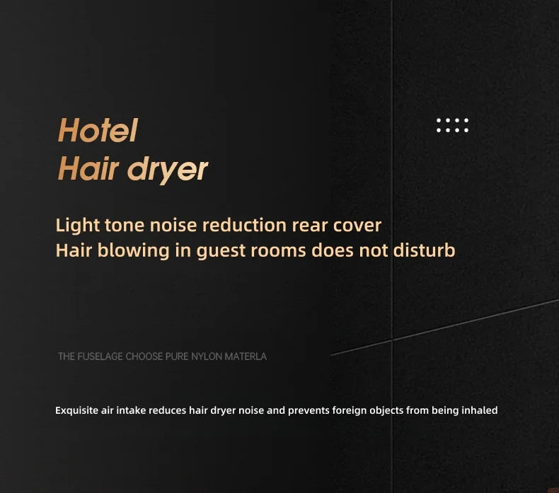 Quiet black hotel wall-mounted hair dryer with noise-reduction air intake and durable nylon body for guest rooms.