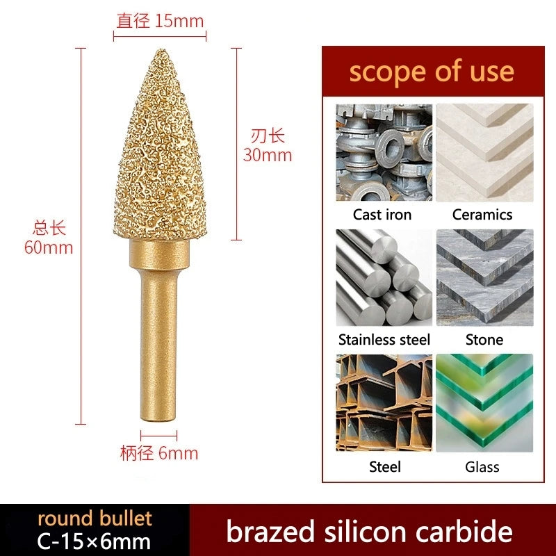 6mm Shank Brazed Diamond Grinding and Polishing Head for Cast Iron Stone Marble Tile - Deburring Metal Processing  Carve
