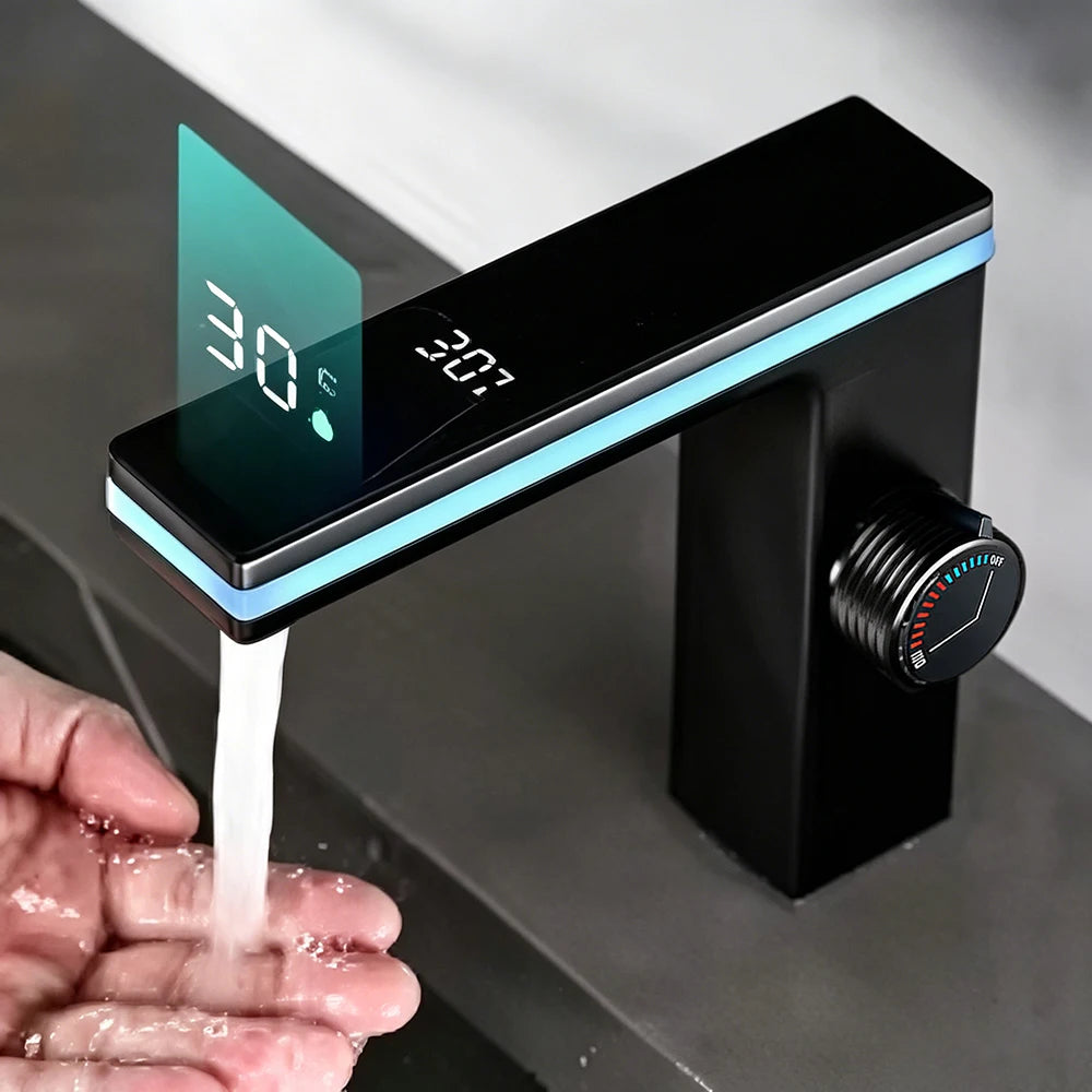 LED Digital Display Bathroom Faucet Deck Mounted Hot Cold Water Mixer Tap Smart Bathroom Sink Faucets Vanity Washbasin Faucet