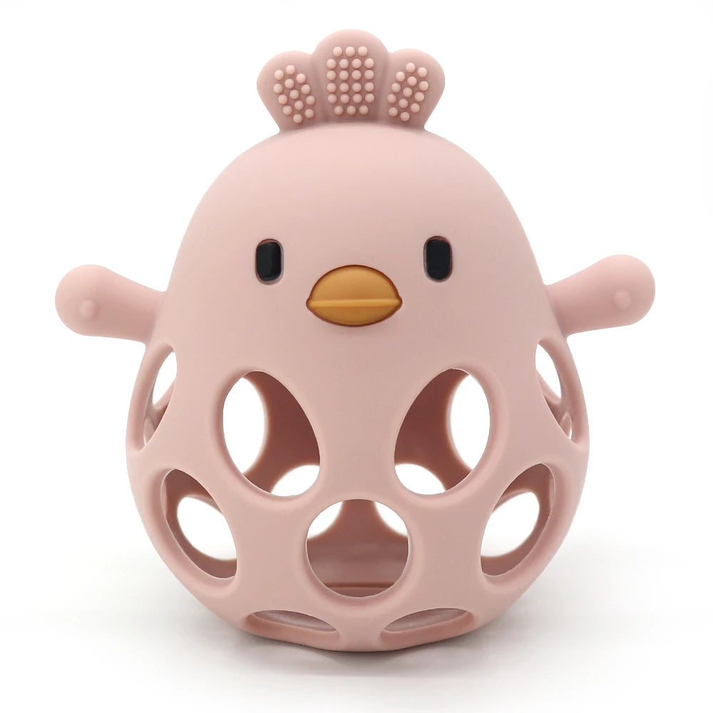 Pink chicken baby teething toy made of soft, BPA-free silicone for infant teething relief.