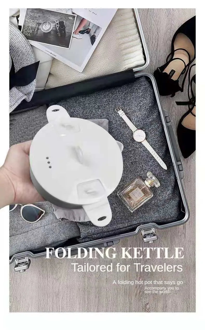 White folding electric cooking kettle in a travel case with handle and lid