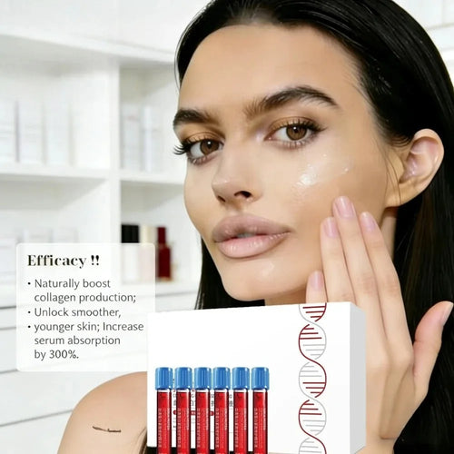 Facial serum bottles with blue caps and red labels, shown with a skincare application