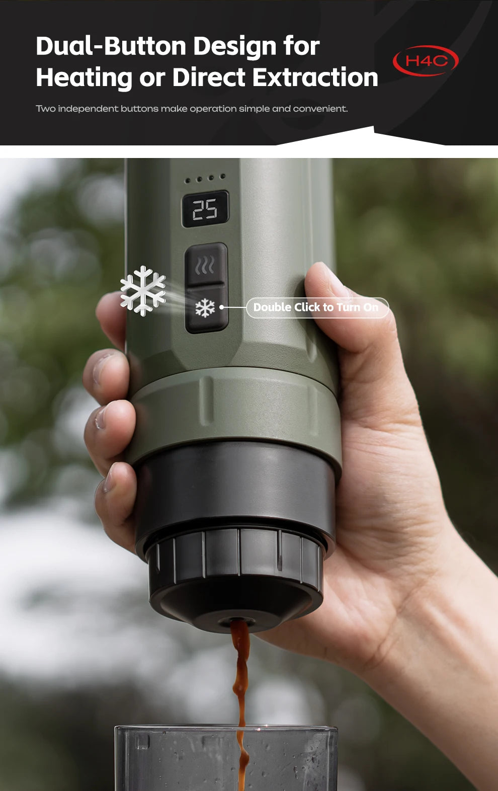 H4C portable olive green espresso maker featuring digital display, dual-button heating and cold extraction controls.