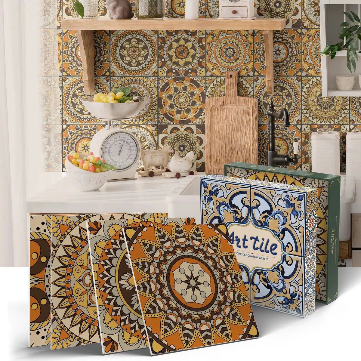 Peel-and-stick mosaic tile sticker sheets with warm orange-brown mandala and floral pattern