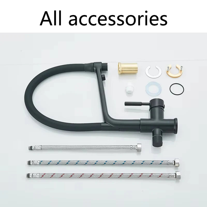 2-in-1 Filtered Kitchen Faucet, Dual Outlet Drinking Water Purifier Tap with Flexible Black Gooseneck, 360° Rotatable Single Handle Hot Cold Mixer Tap