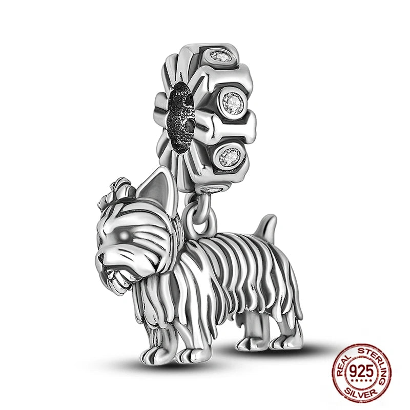 Real 925 sterling silver puppy dog charm for bracelets, featuring a sparkling bone bead design for pet lovers.