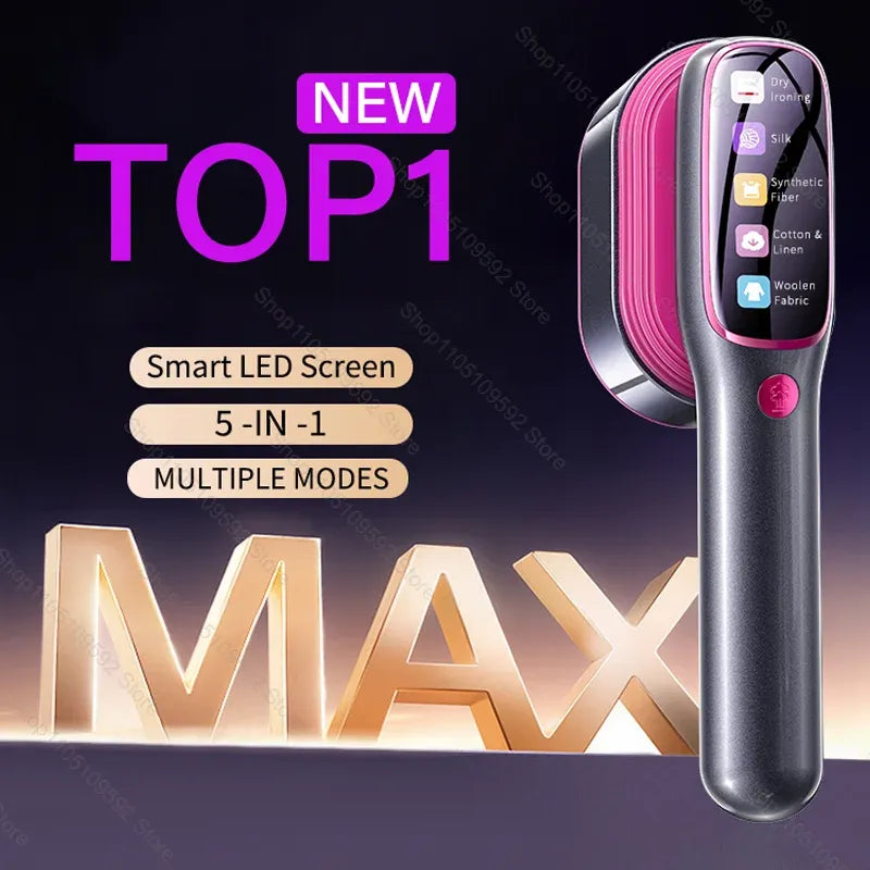 Handheld garment steamer with 5-in-1 smart LED screen and multiple fabric modes for easy clothes ironing.
