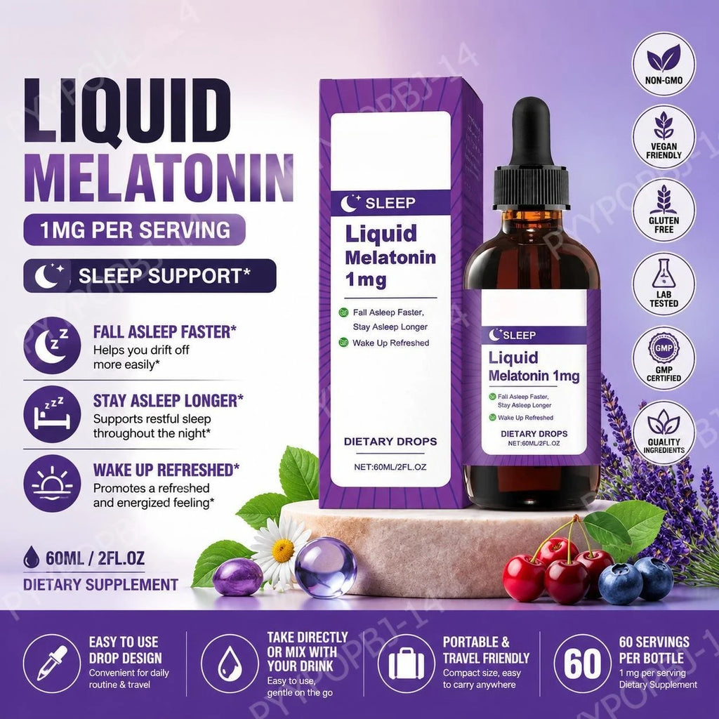 Liquid Melatonin 1 Mg Sleep Drops, Mint Leaf Extract, Fall Asleep Faster, Stay Asleep Longer, Wake Up Refreshed 60 ML