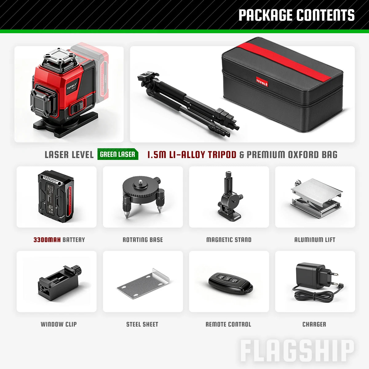 360 green laser level kit with tripod, carrying bag, battery, remote, and aluminum lift