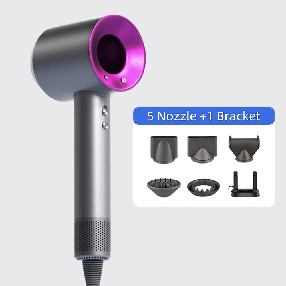 Grey and purple bladeless negative ion hair dryer with 5 magnetic nozzles and stand for fast, silent drying.