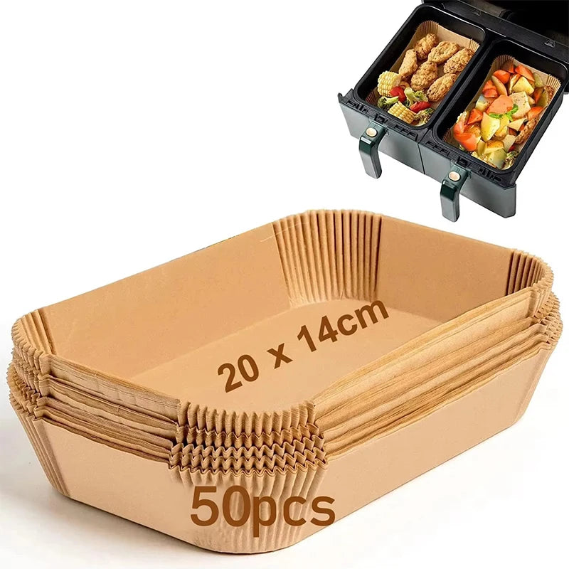 Paper air fryer liners pack of 50, 20 x 14 cm tray size.