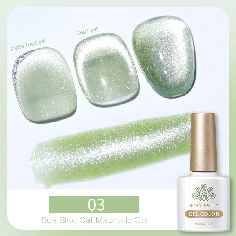 Sea blue cat magnetic gel nail polish bottle with shimmer swatch and three manicured nail samples showing finish types.