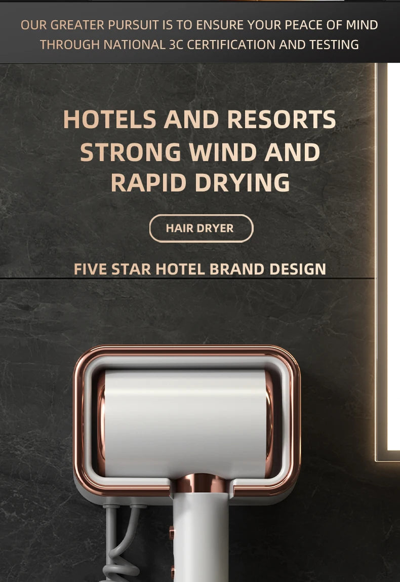 White and rose gold wall-mounted hair dryer with high-speed wind and blue light care for hotel or home bathroom use.