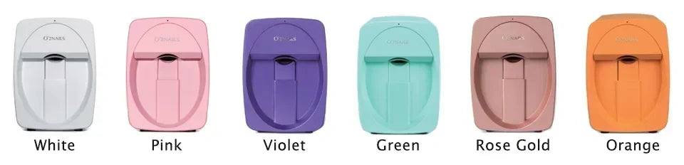 Portable smart 3D nail art printers in various colors for home or salon use, compact design for mobile nail painting.