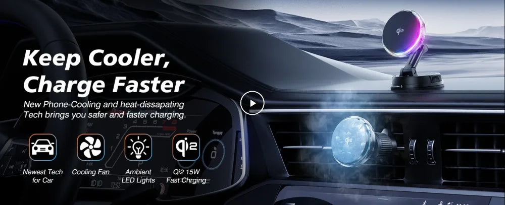 Magnetic Wireless Car Charger with RGB Cooling - MagSafe Compatible Tidesmit