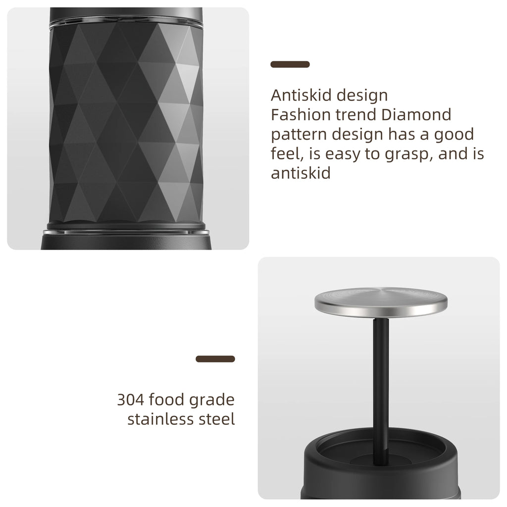 Black French press coffee maker with antiskid diamond pattern and 304 food-grade stainless steel plunger design.