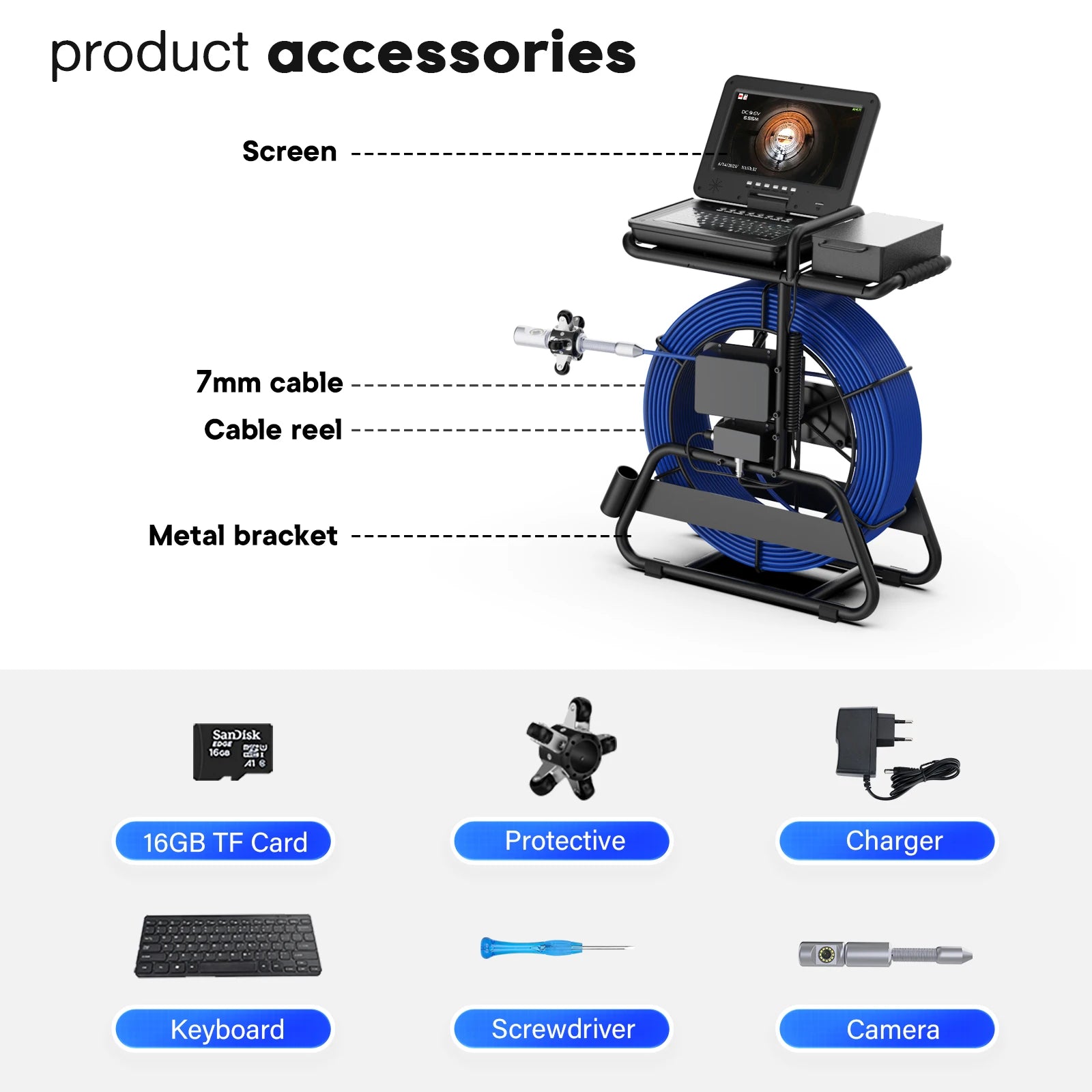 Sewer Camera Inspection 360 Degrees 10″inch IPS+Cable Diameter ø7mm+512HZ Transmitter Locator+Meter Counter+Keyboard