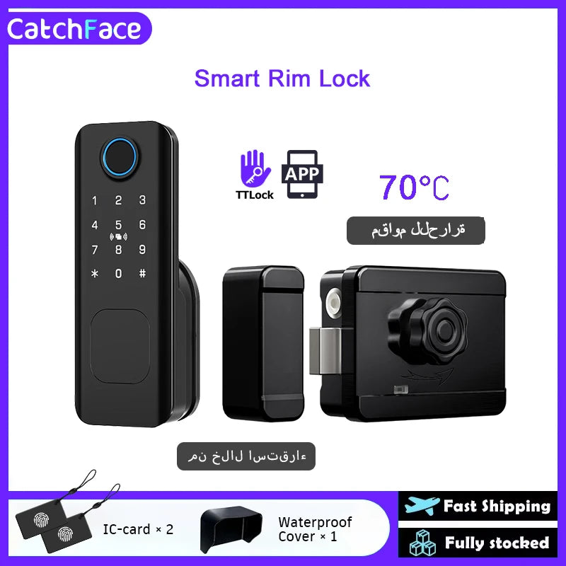 New Fingerprint Electric Rim Lock TTLock App Outdoor Lock Remote Control Power Saving Heat-Resistant Smart Door Lock Code Key
