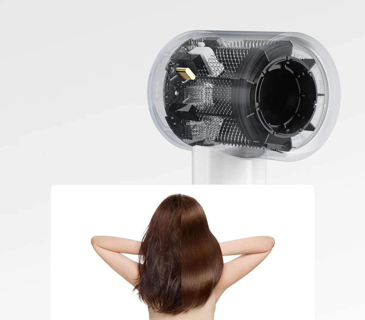 MIJIA H501SE high-speed hair dryer motor diagram showing professional 110,000 RPM performance for smooth, shiny hair.