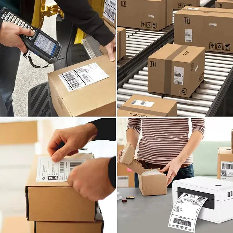 Hands applying adhesive shipping labels to cardboard boxes at a package station.