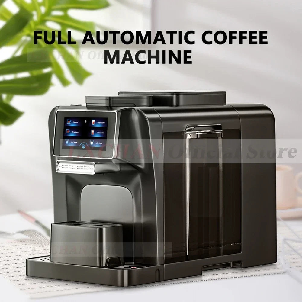 Black fully automatic coffee machine by LACHAN with touchscreen display and sleek modern design.