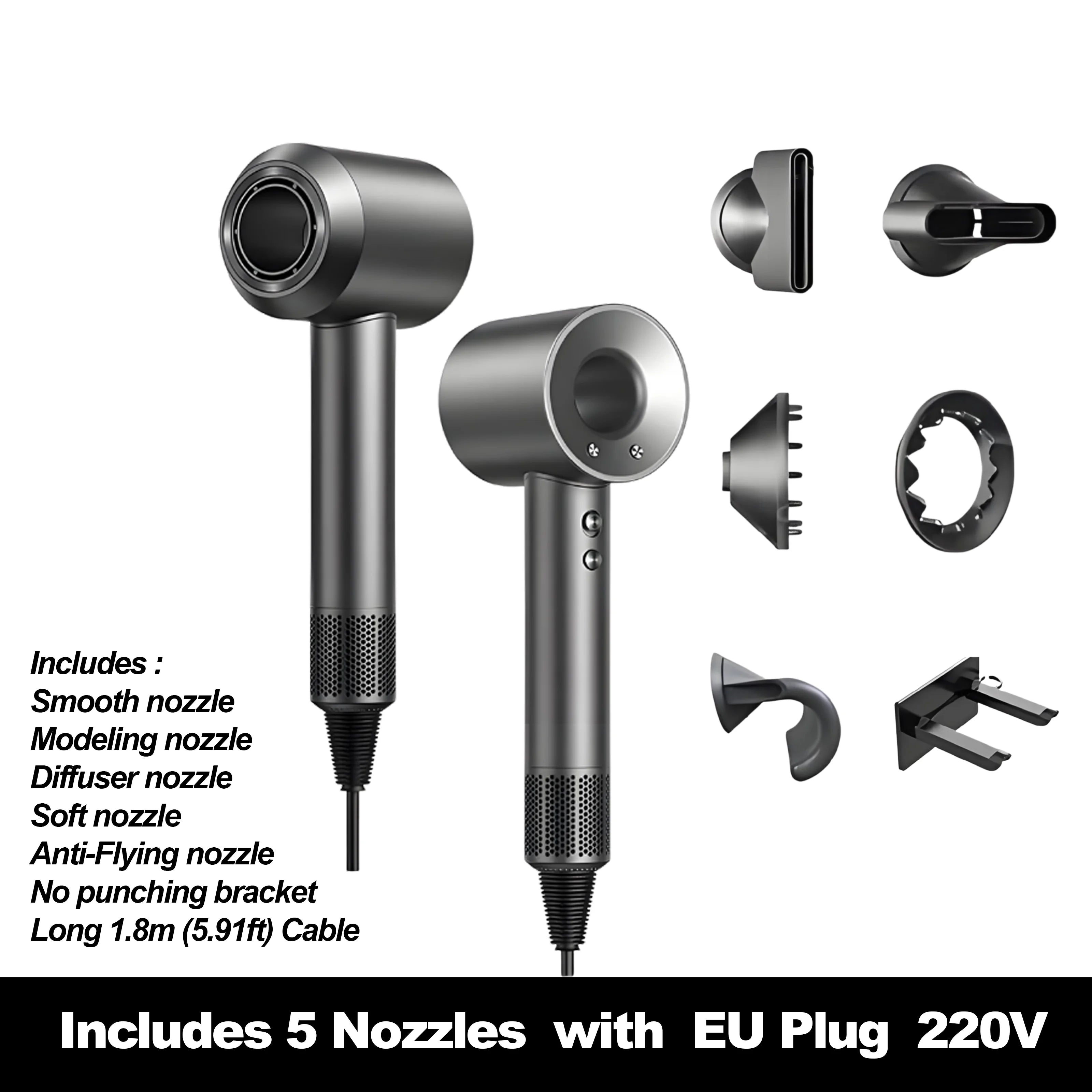 Grey high-speed hair dryer with 5 magnetic nozzles, negative ions, collagen tech, and wall bracket for salon styling.