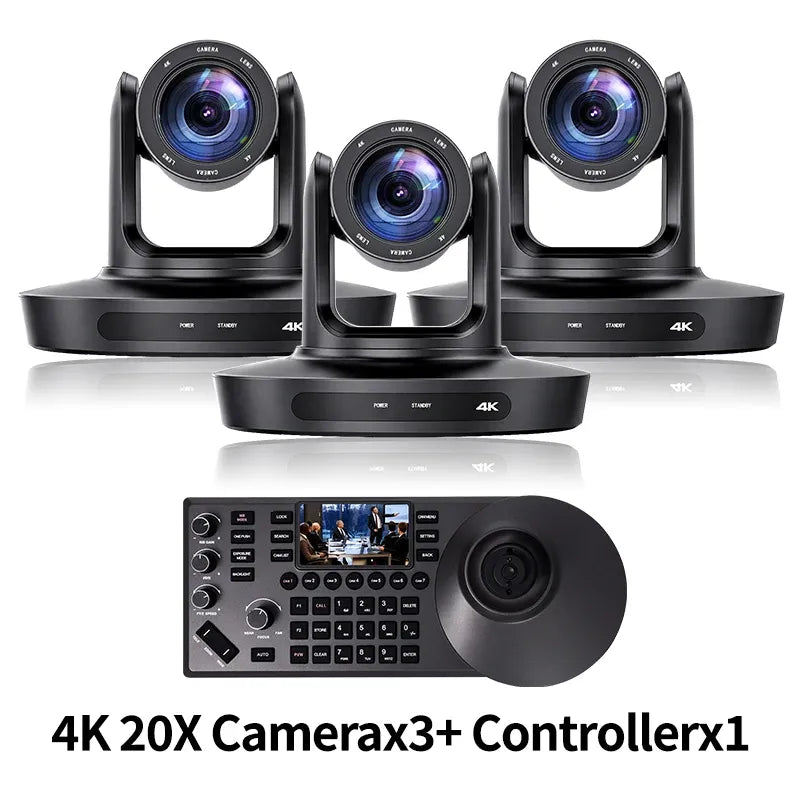 Video conferencing PTZ camera kit: five black PTZ cameras and a control console