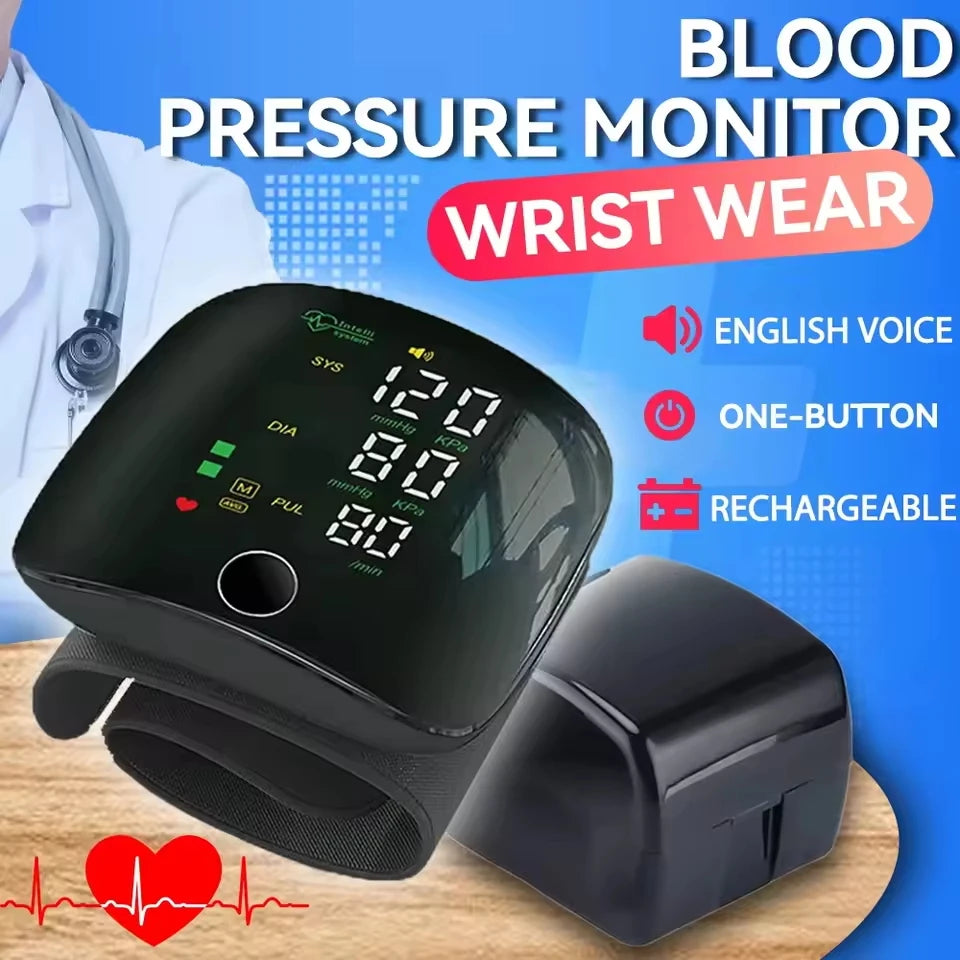 Home Medical USB Charging Blood Pressure Tensiometer Digital Wrist BP Monitor High Precision Heart Rate Detection English Voice