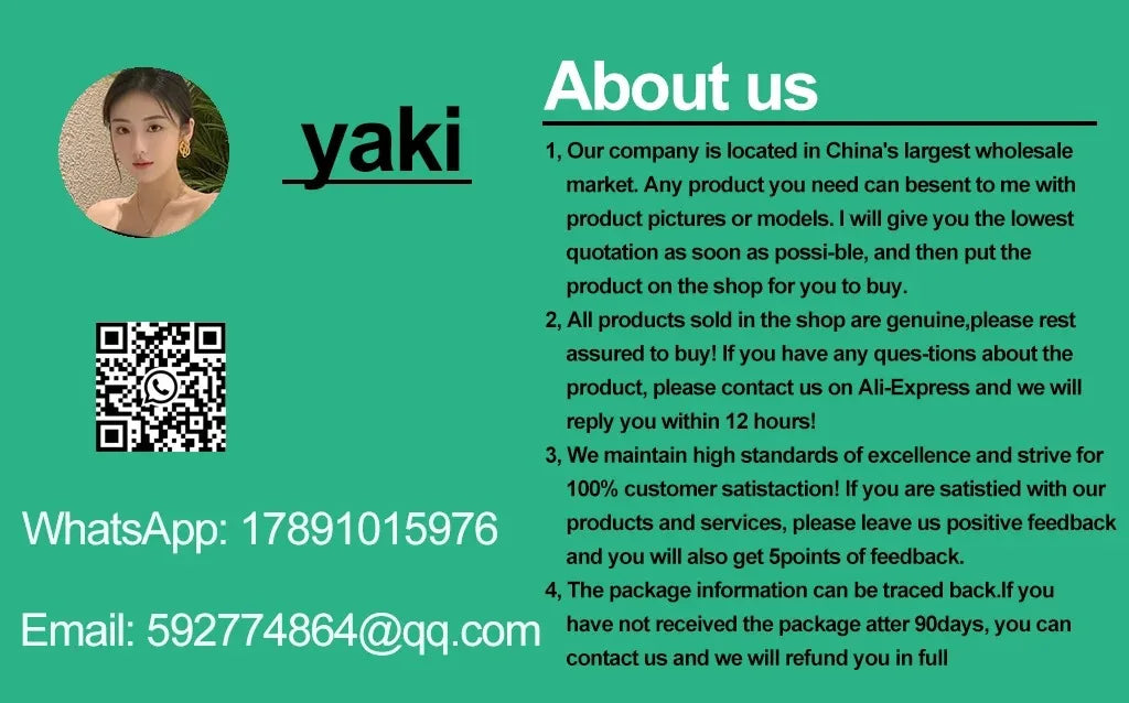 About us promotional flyer with yaki logo and WhatsApp/email contact details